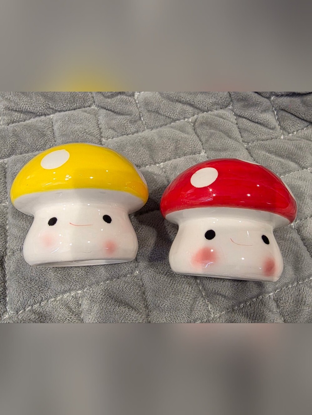 Smiling Red & Yellow Mushroom Salt & Pepper Shakers Decor W/ Stoppers